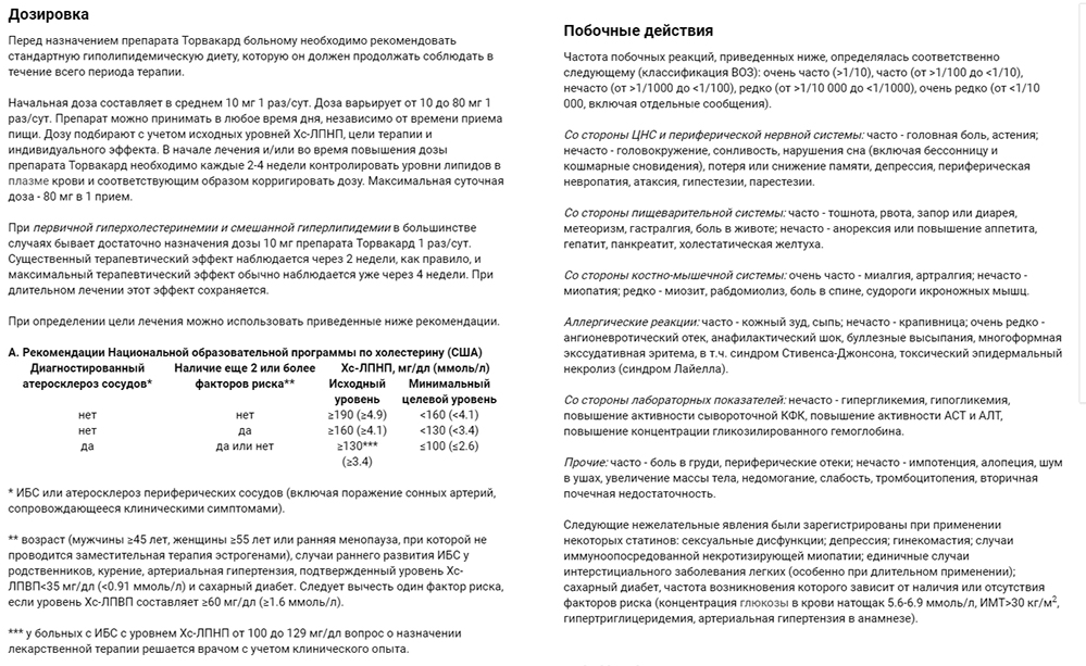 Дозировка и побочные эффекты Торвакарда Дозировка и побочные эффекты Торвакарда