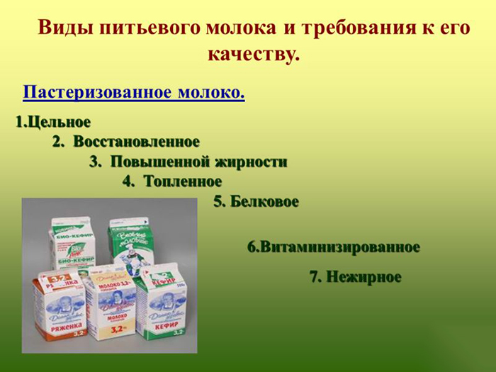 Виды питьевого молока Виды питьевого молока